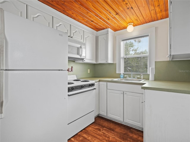 kitchen featuring dark wood-type flooring, white cabinetry, wood ceiling, and white appliances