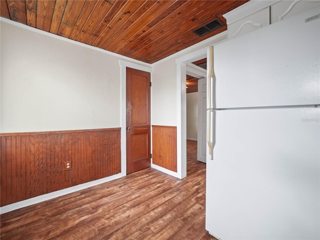 spare room with wood-type flooring, wooden ceiling, and wood walls