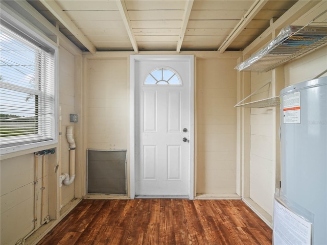 doorway to outside with wooden ceiling, dark hardwood / wood-style flooring, and water heater