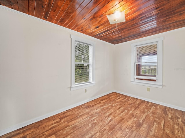 spare room with hardwood / wood-style flooring, wood ceiling, and a healthy amount of sunlight