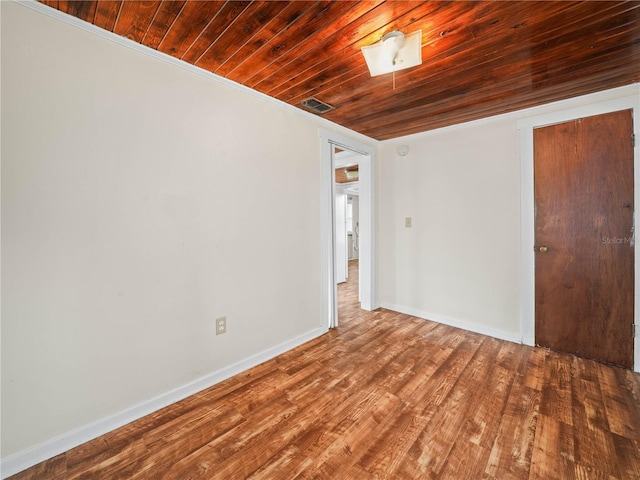 spare room with wood ceiling and wood-type flooring