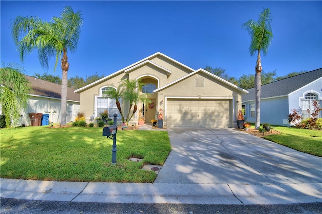 ranch-style home featuring a front yard and a garage