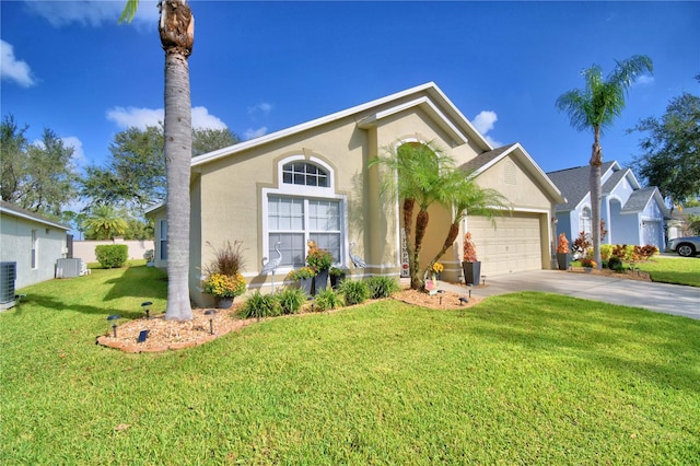 ranch-style home featuring central air condition unit, a front lawn, and a garage