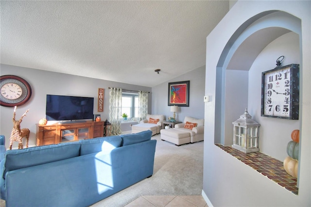 carpeted living room with lofted ceiling and a textured ceiling