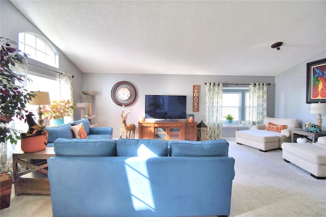 living room with carpet, a textured ceiling, and lofted ceiling