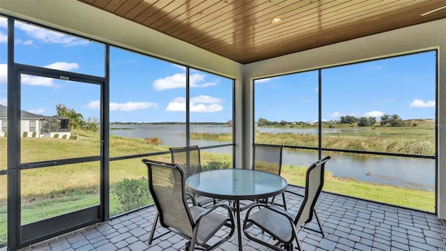 sunroom / solarium featuring a water view and wooden ceiling