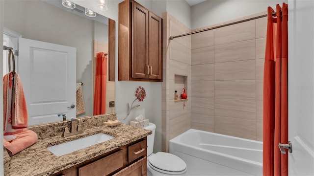 full bathroom with vanity, toilet, and shower / bathtub combination with curtain