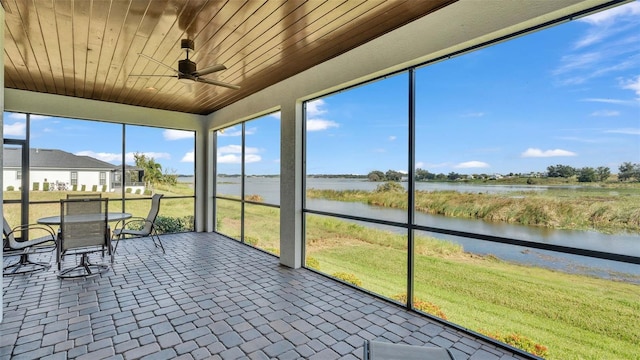 unfurnished sunroom featuring wooden ceiling, ceiling fan, a healthy amount of sunlight, and a water view