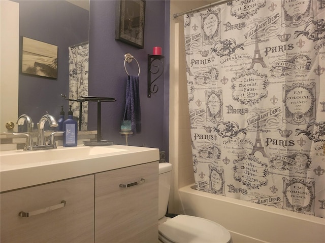 full bathroom with vanity, toilet, and shower / bathtub combination with curtain