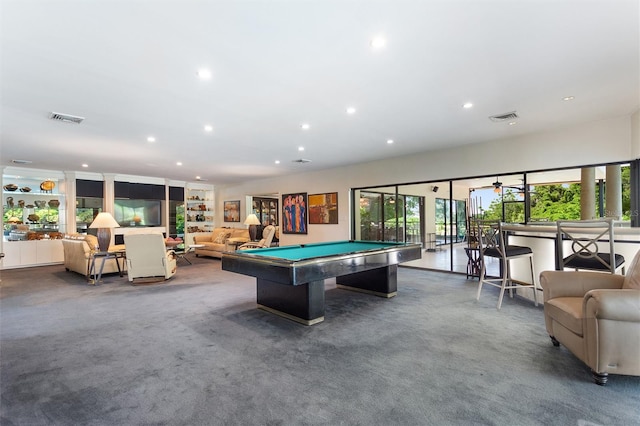 game room featuring billiards, carpet flooring, and a wealth of natural light