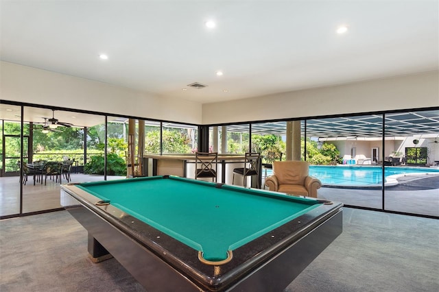 recreation room with pool table, carpet, and ceiling fan