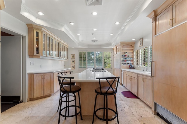 kitchen featuring light brown cabinets, crown molding, a center island, and a raised ceiling