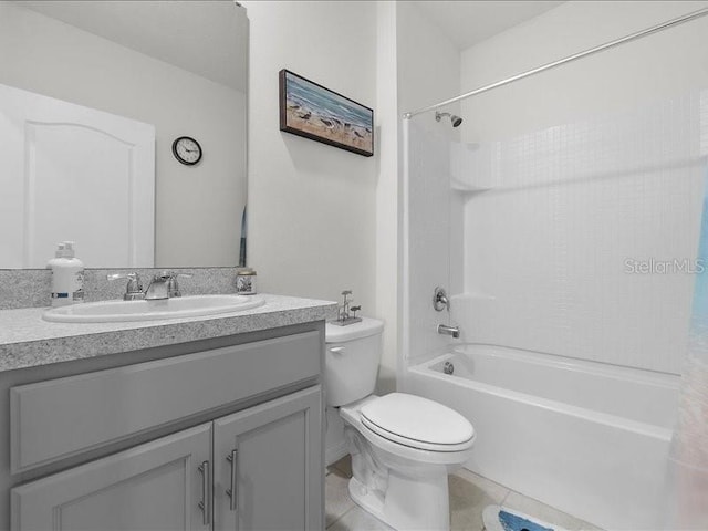 full bathroom with vanity, toilet, shower / tub combo, and tile patterned flooring