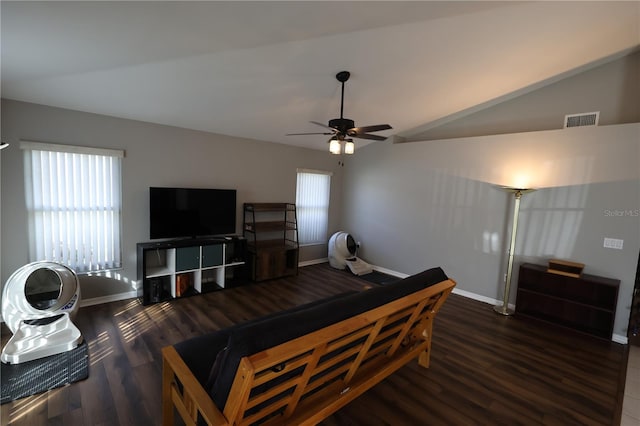 living room with lofted ceiling, dark hardwood / wood-style floors, and ceiling fan