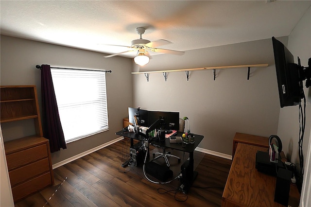 office with ceiling fan, a textured ceiling, and dark hardwood / wood-style flooring