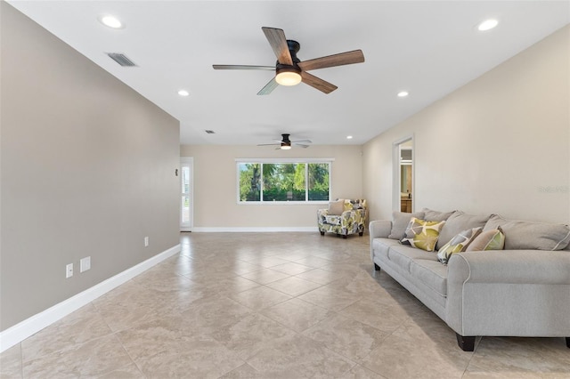 living room with ceiling fan