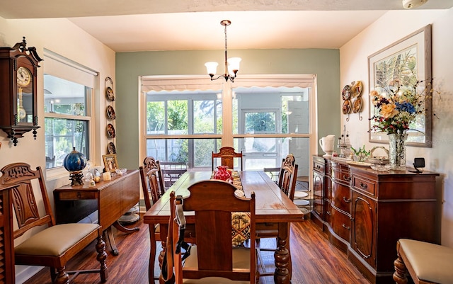 dining room with dark hardwood / wood-style floors, a chandelier, and a wealth of natural light