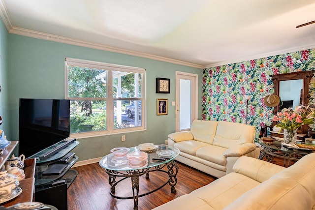 living room featuring dark wood-type flooring and crown molding