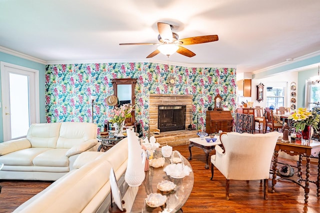 living room featuring ornamental molding, ceiling fan, a stone fireplace, and dark hardwood / wood-style flooring