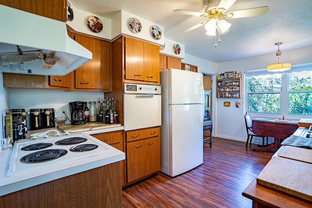 kitchen with ceiling fan, dark wood-type flooring, decorative light fixtures, ventilation hood, and white appliances