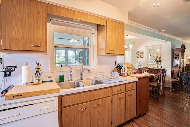 kitchen featuring dark wood-type flooring, hanging light fixtures, white dishwasher, ornamental molding, and sink