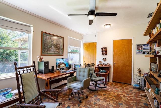 office space featuring ceiling fan and ornamental molding