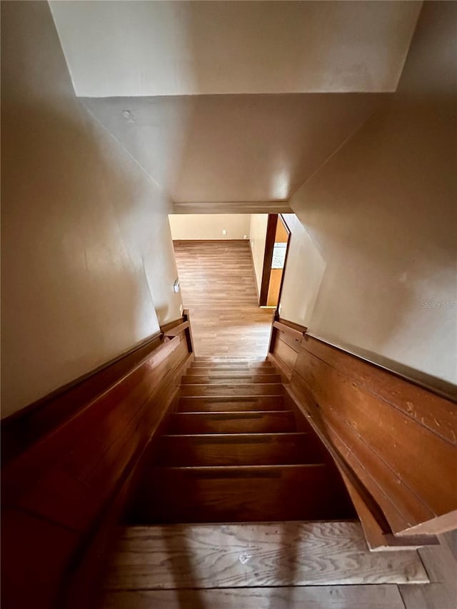 stairway with hardwood / wood-style floors