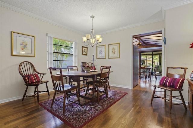 dining area featuring dark wood-type flooring, crown molding, a healthy amount of sunlight, and a textured ceiling