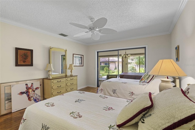 bedroom with crown molding, hardwood / wood-style flooring, access to exterior, and ceiling fan