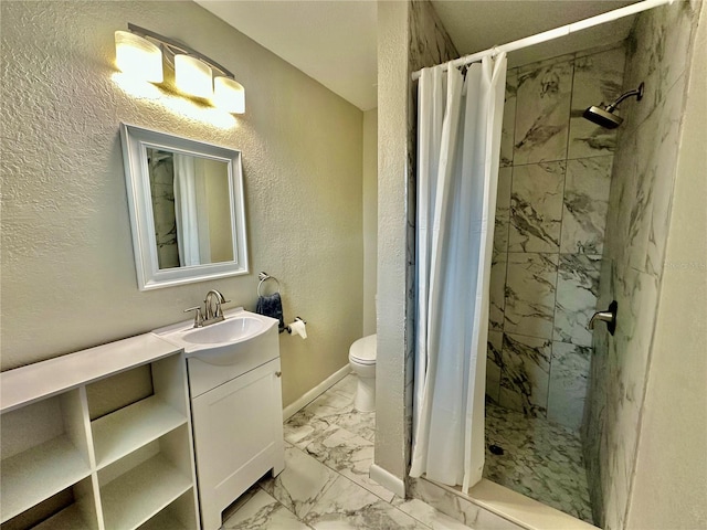 bathroom with vanity, curtained shower, and toilet