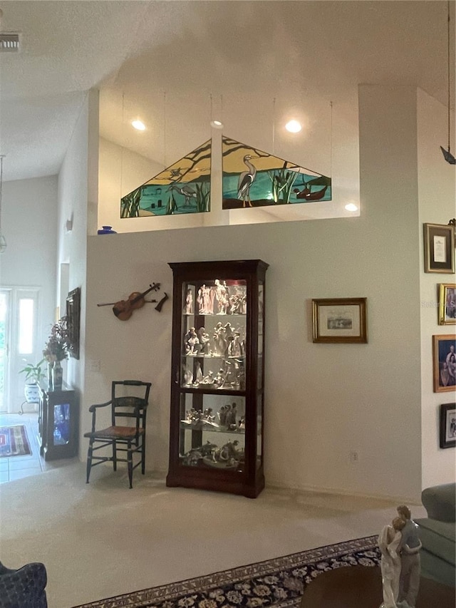 interior space featuring a textured ceiling, carpet flooring, and a high ceiling