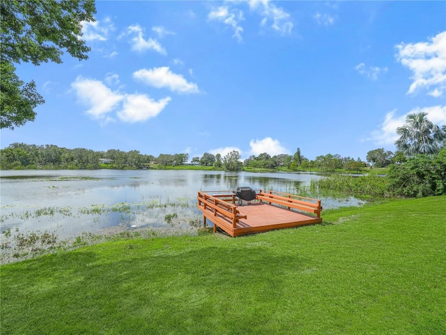 dock area with a yard and a water view