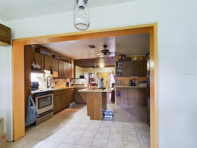 kitchen featuring kitchen peninsula, a breakfast bar area, ceiling fan, electric stove, and sink