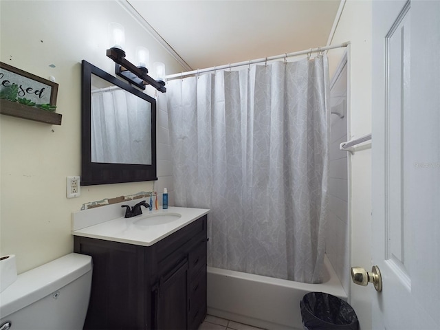 full bathroom with tile patterned floors, toilet, shower / tub combo, crown molding, and vanity