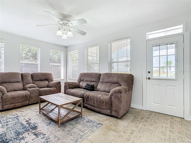 living room featuring ceiling fan