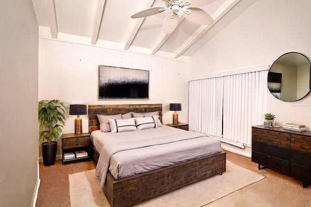 carpeted bedroom featuring beamed ceiling, ceiling fan, and high vaulted ceiling