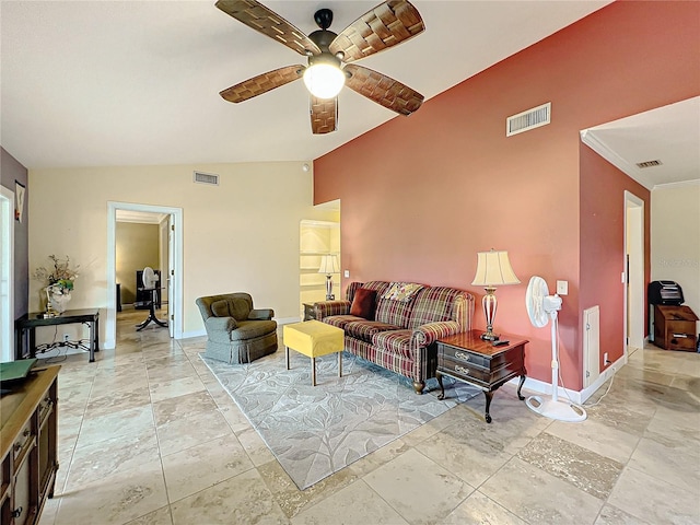 living room with lofted ceiling and ceiling fan