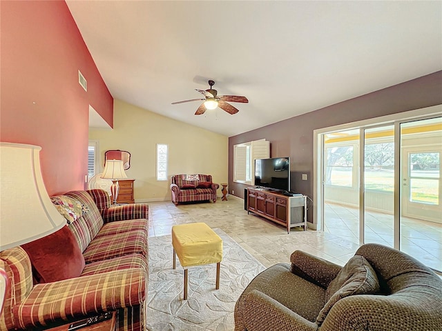 living room featuring lofted ceiling and ceiling fan