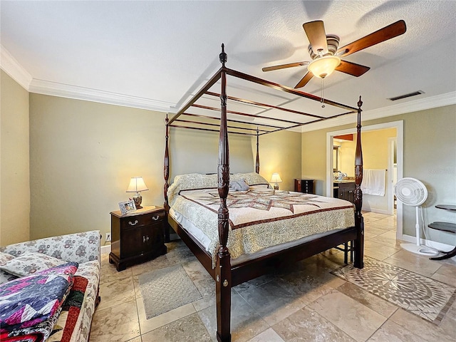 bedroom with ornamental molding, a textured ceiling, and ceiling fan