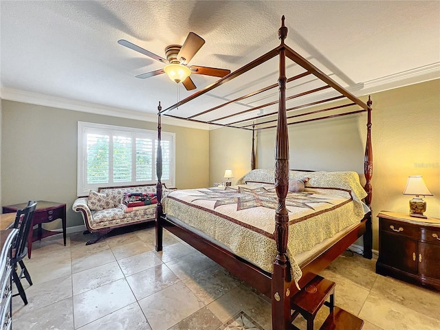 bedroom with crown molding, a textured ceiling, and ceiling fan