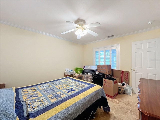 bedroom featuring ceiling fan and ornamental molding