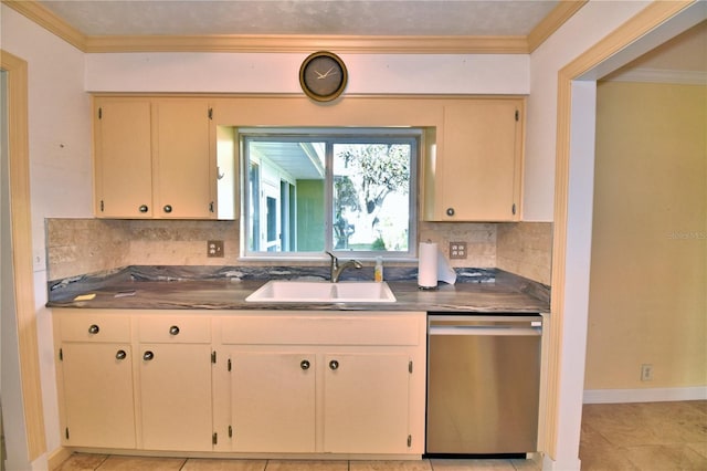 kitchen featuring dishwasher, sink, ornamental molding, and decorative backsplash