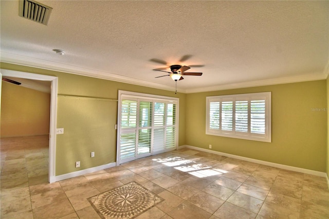 unfurnished room featuring crown molding, ceiling fan, and a textured ceiling