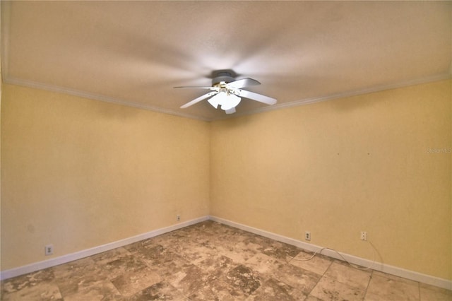 empty room with ornamental molding and ceiling fan