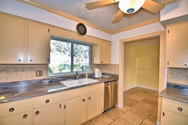 kitchen with sink, crown molding, dishwasher, ceiling fan, and backsplash