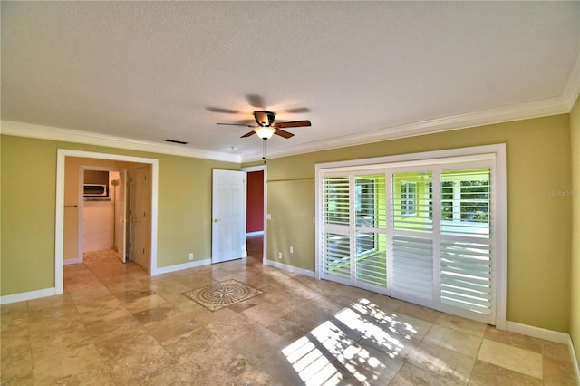 unfurnished room featuring ceiling fan, ornamental molding, and a textured ceiling