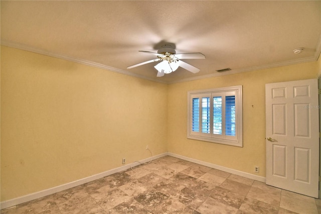 empty room featuring crown molding and ceiling fan