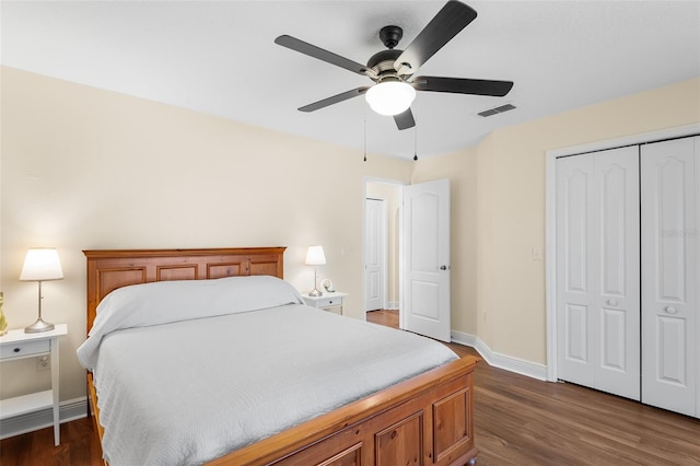 bedroom featuring dark wood-type flooring, a closet, and ceiling fan