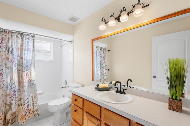 full bathroom with toilet, vanity, shower / bath combination with curtain, and tile patterned flooring