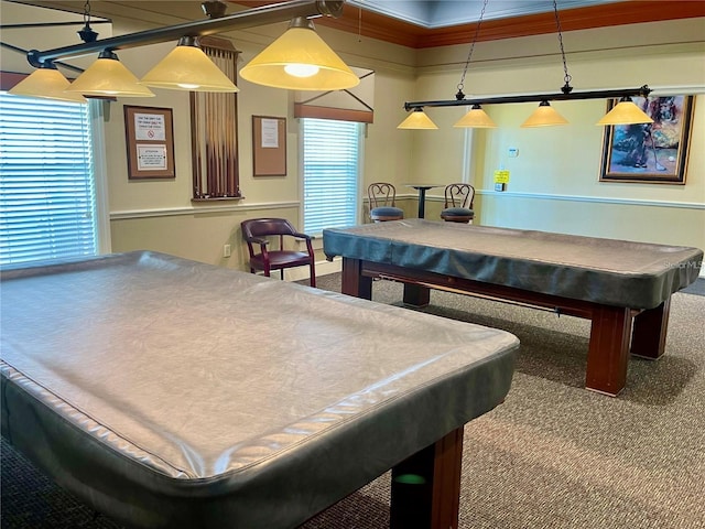 recreation room with crown molding, billiards, and carpet floors